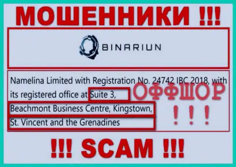 Взаимодействовать с компанией Binariun не стоит - их оффшорный адрес регистрации - Сьют 3, Бичмонт Бизнес Центр, Кингстоун, Сент-Винсент и Гренадины (информация взята с их сайта)