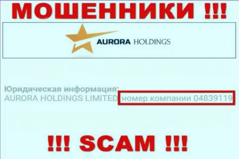 Регистрационный номер воров Aurora Holdings, найденный у их на официальном веб-портале: 04839119