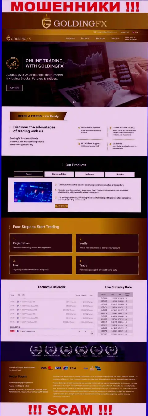 Официальный сайт мошенников Golding FX, заполненный сведениями для доверчивых людей