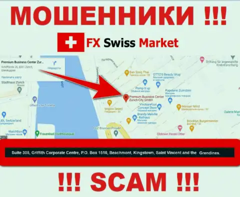 Компания FX SwissMarket пишет на web-сервисе, что расположены они в офшорной зоне, по адресу - Suite 305, Griffith Corporate Centre, P.O. Box 1510,Beachmont Kingstown, Saint Vincent and the Grenadines