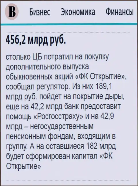 Как сообщается в издании Ведомости, около 500 млрд. российских рублей потрачено на спасение от банкротства финансовой компании Открытие